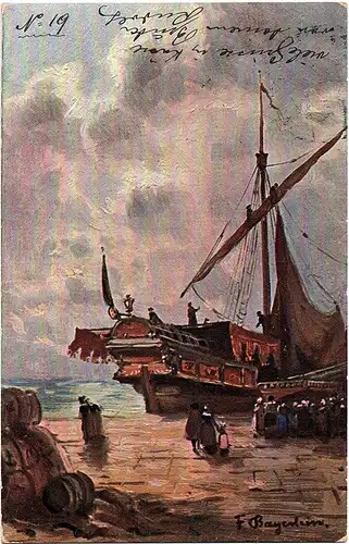 Litho Ansichtskarte Segler im Hafen gel.1904