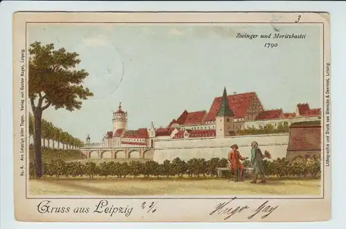 AK Leipzig um 1790, Zwinger und Moritzbastei Stempel Thonberg gel. 1900