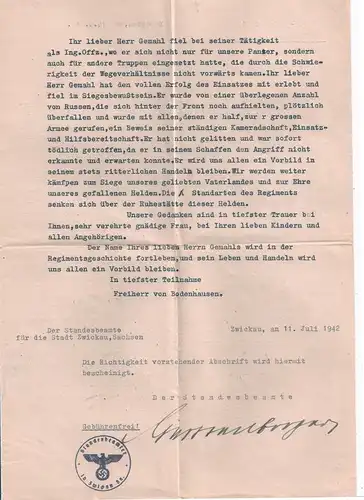 Brief Trauerbrief Kondolenzbrief Kommandeur Panzer-Regiment 31, Russland 1942