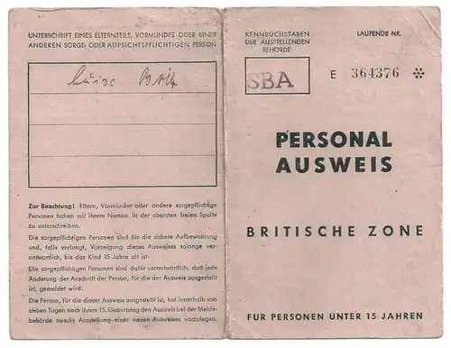 Personalausweis Britische Zone für Personen unter 15 Jahren - Bremen