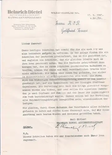 Brief an Soldat von Kammgarnspinnerei Heinrich Dietel in Wilkau-Hasslau 1941