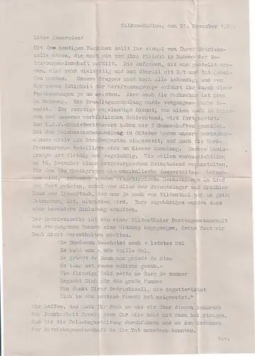 Brief an Soldaten von Kammgarnspinnerei Heinrich Dietel in Wilkau-Hasslau 1939