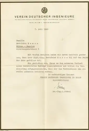Brief Trauerbrief Kondolenzbrief Verein Deutscher Ingenieure, Berlin 1942