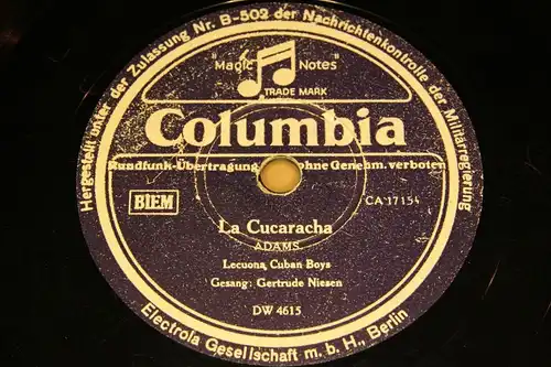 LECUONA CUBAN BOYS & G. NIESEN "La Cucaracha & La Conga" Columbia 78rpm 10"