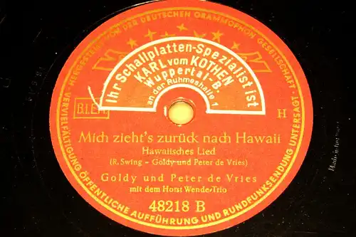 GOLDY & PETER DE VRIES "Sarina & Mich ziehts zurück nach Hawai" Polydor 78rpm10"