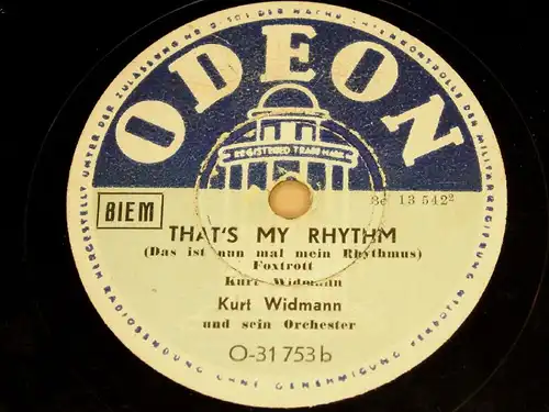 KURT WIDMANN w. Orch. "Star Dust & That's My Rhythm" ODEON 78rpm 10"