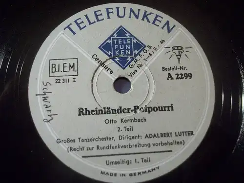 TANZORCHESTER ADALBERT LUTTER "Rheinländer-Potpourri - Teil I & II" Telefunken