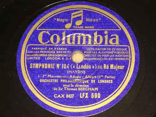 THOMAS BEECHAM with Orch. "SYMPHONIE No 104 en Re Majeur" Columbia 78rpm 12"