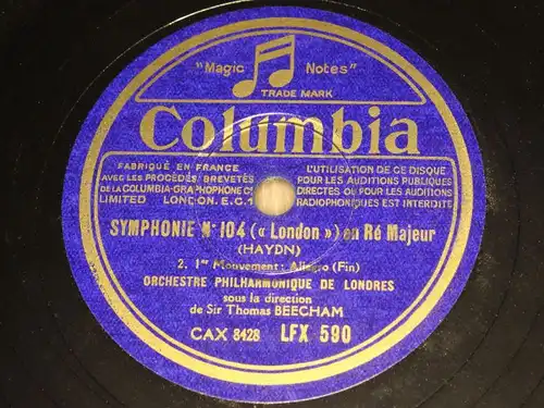THOMAS BEECHAM with Orch. "SYMPHONIE No 104 en Re Majeur" Columbia 78rpm 12"