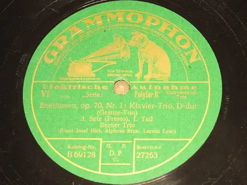 BERNER TRIO "Beethoven, op. 70, Nr. 1: Klavier-Trio, D-dur" GRAMMOPHON 78rpm 12"