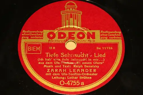 ZARAH LEANDER with UFA-Orch. "Tiefe Sehnsucht- Lied" ODEON 1937 78rpm 10"