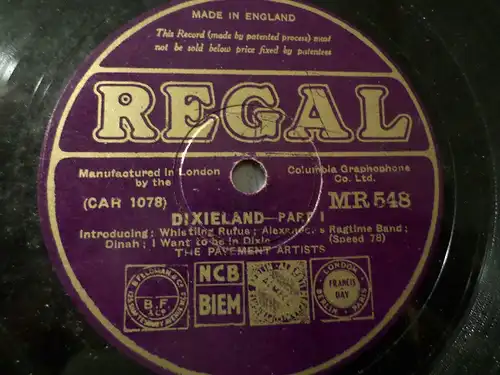 THE PARVEMENT ARTISTS "Dixieland - Part I & II" Regal 78rpm 10" shellac record