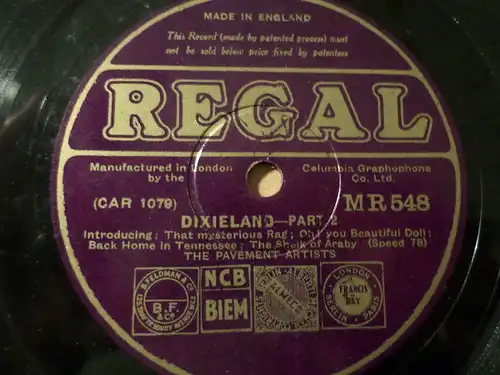 THE PARVEMENT ARTISTS "Dixieland - Part I & II" Regal 78rpm 10" shellac record