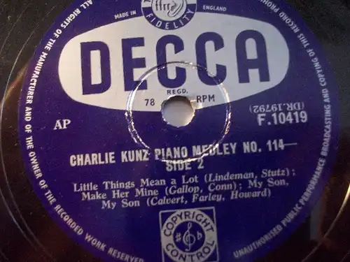 CHARLIE KUNZ "Charlie Kunz Piano Medley No. 114" Decca 78rpm 10" shellac record