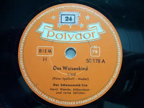 DAS SCHWARZWALD-TRIO "Das Waisenkind" Polydor 78rpm