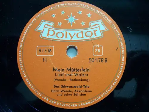 DAS SCHWARZWALD-TRIO "Das Waisenkind" Polydor 78rpm