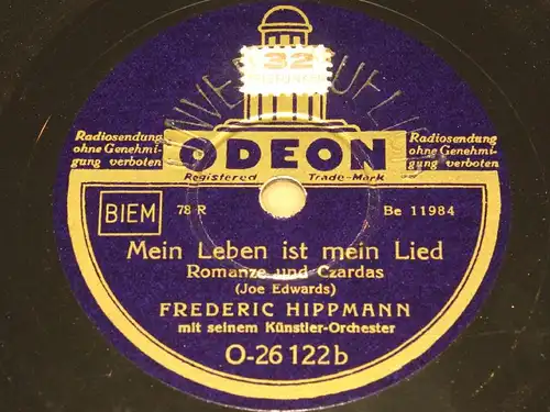 FREDERIC HIPPMANN w. Orch. "Arabeske - Serenade" ODEON Sample Rec. 78rpm 10"