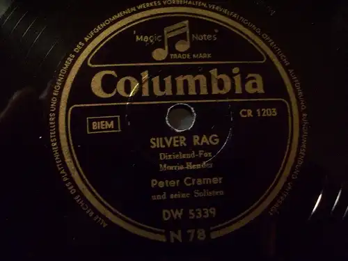 PETER CRAMER & SEINE SOLISTEN "Crazy Dixie / Silver Rag" Columbia 78rpm 10" Fox