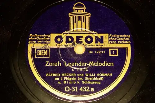 ALFRED HECKER & WILLI NORMAN "Zarah Leander-Melodien" ODEON 78rpm 10"