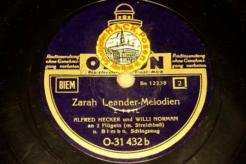 ALFRED HECKER & WILLI NORMAN "Zarah Leander-Melodien" ODEON 78rpm 10"