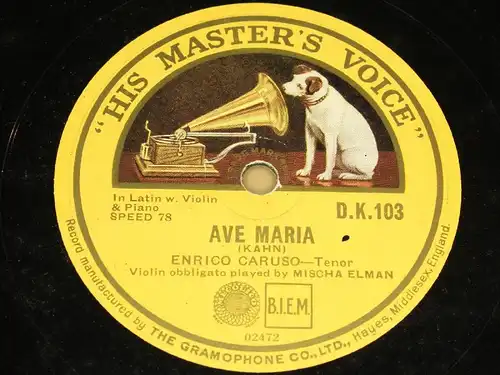ENRICO CARUSO & MISCHA ELMAN "Ave Maria & Elegie Melodie" HMV 78rpm 12"