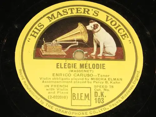 ENRICO CARUSO & MISCHA ELMAN "Ave Maria & Elegie Melodie" HMV 78rpm 12"