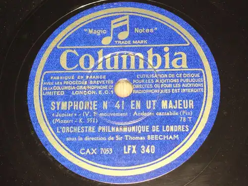 THOMAS BEECHAM "SYMPHONIE N° 41 EN UT MAJEUR - Jupiter III" Columbia 78rpm 12"