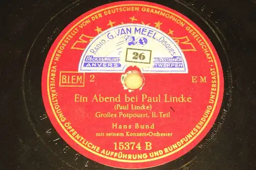 HANS BUND w. Orch. "Ein Abend bei Paul Lincke" Polydor 78rpm 12" Schellackplatte