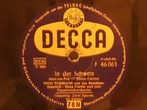 VICO TORRIANI "In der Schweiz & Zwei Spuren im Schnee" DECCA 78rpm 10"