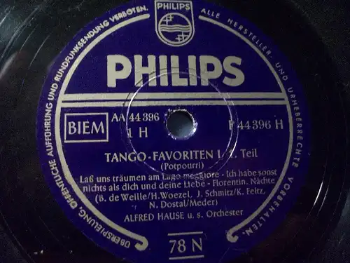 ORCHESTER ALFRED HAUSE "Tango-Favoriten - Teil I & II" Philips 78rpm 10"