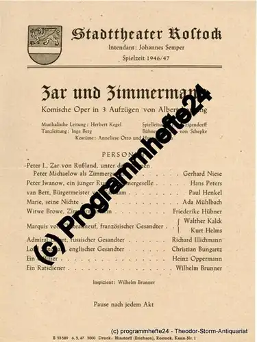 Stadttheater Rostock, Johannes Semper Theaterzettel Zar und Zimmermann. Komische Oper von Albert Lortzing. Spielzeit 1946 / 47