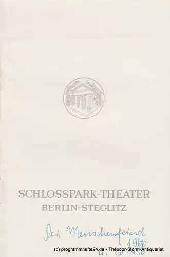 Schlosspark  Theater Berlin-Steglitz, Boleslaw Barlog Programmheft Der Menschenfeind oder Der verliebte Melancholiker von Moliere. Spielzeit 1966 / 67