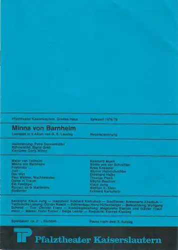 Pfalztheater Kaiserslautern, Wolfgang Blum, Petra Dannenhöfer Programmheft Neuinszenierung Minna von Barnhelm Spielzeit 1978 / 79 Heft 4