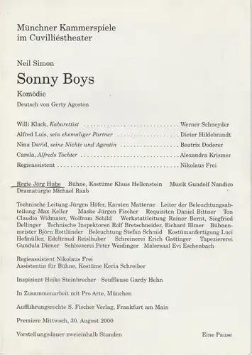 Münchner Kammerspiele, Dieter Dorn, Michael Raab Programmheft Sonny Boys. Komödie von Neil Simon. Premiere 30. August 2000 Cuvilliestheater Spielzeit 2000 / 2001 Heft 1