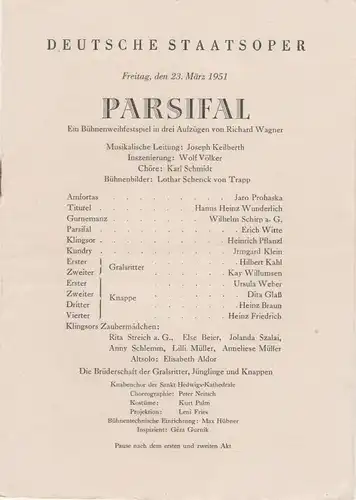 Deutsche Staatsoper Berlin Programmheft PARSIFAL Bühnenweihfestspiel von Richard Wagner 23. März 1951