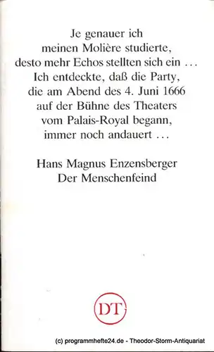 Deutsches Theater in Göttingen, Heinz Engels: Programmheft Der Menschenfeind. Blätter des Deutschen Theaters in Göttingen Spielzeit 1987/88 XXXVIII. Jahr Heft 574. 