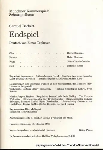 Münchner Kammerspiele Schauspielhaus, Dieter Dorn: Programmheft Endspiel von Samuel Beckett. Premiere Dienstag 15. Oktober 1996 Spielzeit 1996 / 97 Heft 2. 
