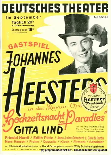 Deutsches Theater München, Paul Wolz, Oscar Angerer: Programmheft Gastspiel Johannes Heesters: Revue-Operette Hochzeitsnacht im Paradies von Heinz Hentschke. 23. Folge 2. Sept. bis 3. Okt. 1954. 