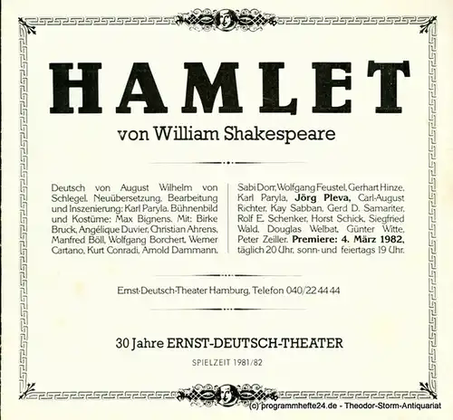 Ernst  Deutsch  Theater Hamburg, Friedrich Schütter, Wolfgang Borchert: Programmheft Hamlet. Tragödie von William Shakespeare. Premiere 4. März 1982. Spielzeit 1981 / 82 Heft 6. 