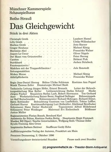 Münchner Kammerspiele  Schauspielhaus, Dieter Dorn, Michael Raab, Marc Gegenfurther: Programmheft Das Gleichgewicht. Stück von Botho Strauß. Premiere am 3. Oktober 1996. Spielzeit 1998 / 97 Heft 1. 