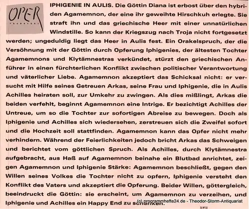 Oper Frankfurt, Städtische Bühnen Frankfurt, Heinz-Klaus Metzger, Joachim Grafen, Christiane Pieper: Programmheft zur Neuinszenierung von Iphigenie in Aulis / Iphigenie auf Tauris von Christoph Willibald Gluck. Premiere 30. Oktober 1987. 