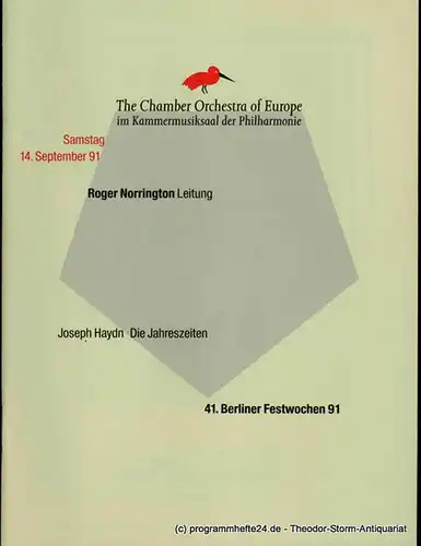 Berliner Festspiele GmbH, 41. Berliner Festwochen, Ulrich Eckhardt, Torsten Maß, Dirk Nabering, Bernd Krüger: Programmheft 41. Berliner Festwochen 1991. Joseph Haydn: Die Jahreszeiten. 14. September 1991 im Kammermusiksaal. 