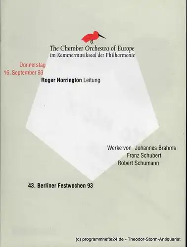 Berliner Festspiele GmbH, 43. Berliner Festwochen, Ulrich Eckhardt, Torsten Maß, Dirk Nabering, Guttyborg Kreissl, Bernd Krüge, Annette Rosenfeld: Programmheft 43. Berliner Festwochen 1993. 16. September 1993 im Kammermusiksaal. 