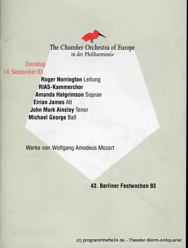 Berliner Festspiele GmbH, 43. Berliner Festwochen, Ulrich Eckhardt, Torsten Maß, Dirk Nabering, Guttaborg Kreissl, Bernd Krüger, Annette Rosenfeld: Programmheft 43. Berliner Festwochen 1993. 14. September 1993 in der Philharmonie. 