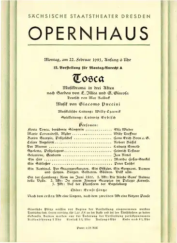 Sächsische Staatstheater Dresden, Opernhaus: Programmheft TOSCA. 22. Februar 1943. 