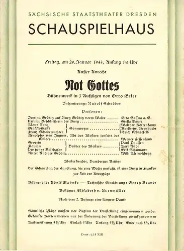 Sächsische Staatstheater Dresden, Schauspielhaus: Programmheft Not Gottes. Bühnenwerk von Otto Erler. 29. Januar 1943. 