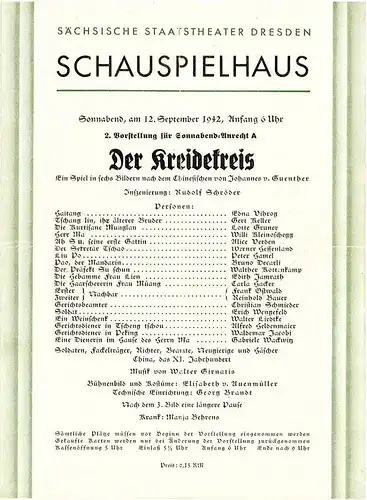 Sächsische Staatstheater Dresden, Schauspielhaus: Programmheft Der Kreidekreis. 12. September 1942. 