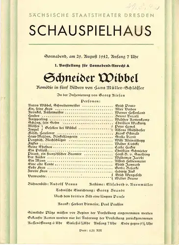 Sächsische Staatstheater Dresden, Schauspielhaus: Programmheft Schneider Wibbel. 29. August 1942. 