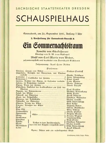 Sächsische Staatstheater Dresden, Schauspielhaus: Programmheft Ein Sommernachtstraum. Komödie von Shakespeare. 20. September 1941. 