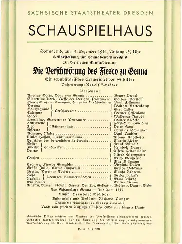 Sächsische Staatstheater Dresden, Schauspielhaus: Programmheft Die Verschwörung des Fiesco zu Genua. Ein republikanisches Trauerspiel von Schiller. 13. Dezember 1941. 